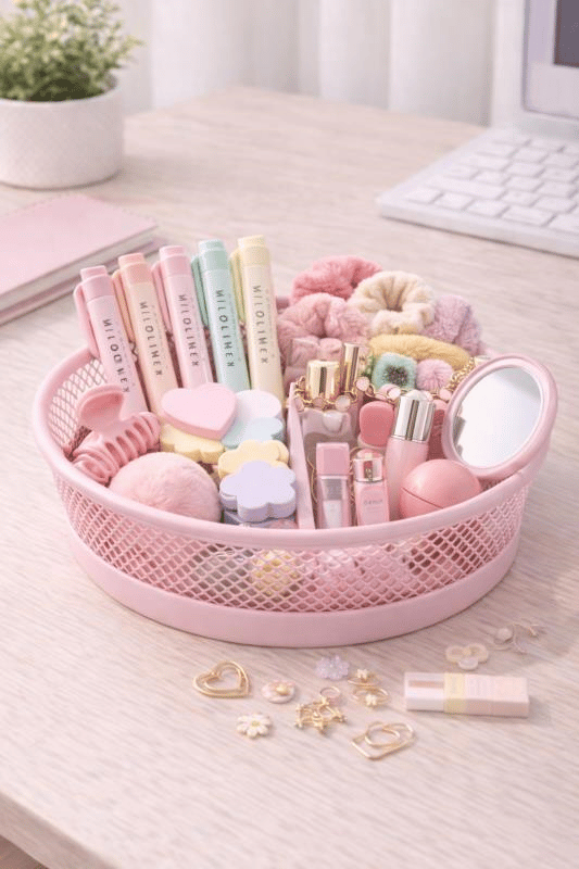 ND-2110 Çok Amaçlı Toz Pembe Metal Organizer – Kırtasiye, Makyaj ve Saç Aksesuar Sepeti