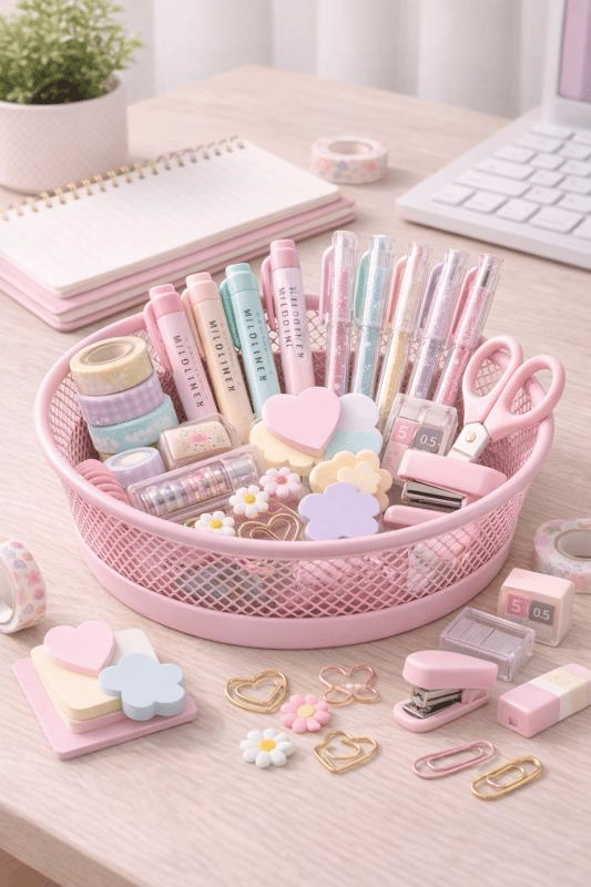 ND-2110 Çok Amaçlı Toz Pembe Metal Organizer – Kırtasiye, Makyaj ve Saç Aksesuar Sepeti