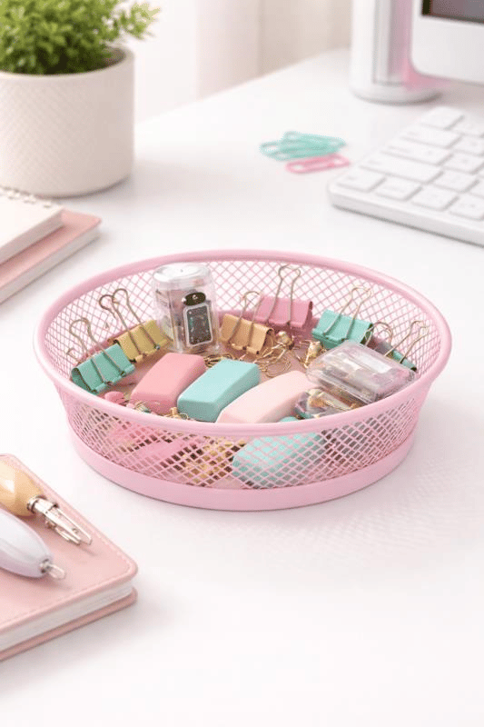 ND-2110 Çok Amaçlı Toz Pembe Metal Organizer – Kırtasiye, Makyaj ve Saç Aksesuar Sepeti