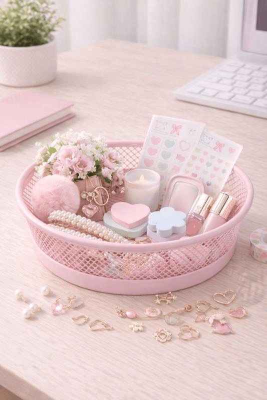 ND-2110 Çok Amaçlı Toz Pembe Metal Organizer – Kırtasiye, Makyaj ve Saç Aksesuar Sepeti