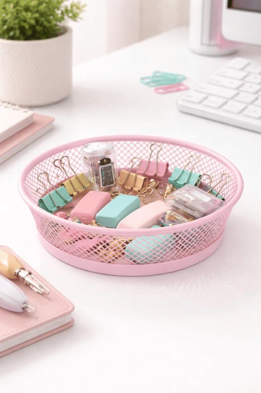 ND-2110 Çok Amaçlı Toz Pembe Metal Organizer – Kırtasiye, Makyaj ve Saç Aksesuar Sepeti