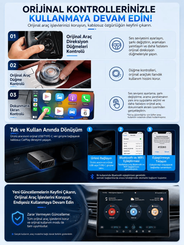 Need B121 2'si 1 Arada Kablosuz CarPlay & Android Auto Dönüştürücü Adaptör | Wi-Fi 6, Bluetooth 5.3