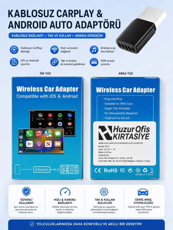 Need B121 2'si 1 Arada Kablosuz CarPlay & Android Auto Dönüştürücü Adaptör | Wi-Fi 6, Bluetooth 5.3