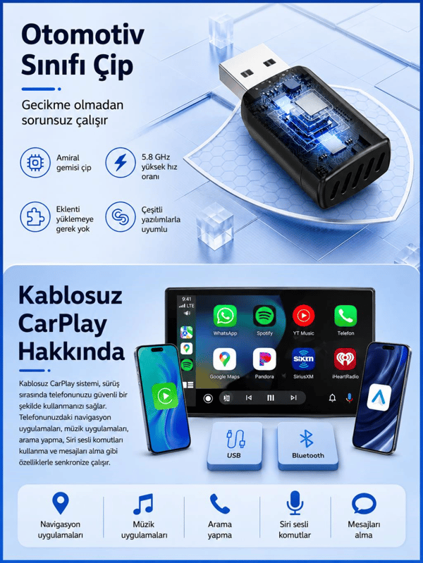 Need B121 2'si 1 Arada Kablosuz CarPlay & Android Auto Dönüştürücü Adaptör | Wi-Fi 6, Bluetooth 5.3