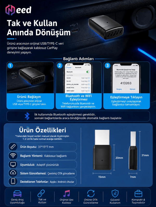 Need B121 2'si 1 Arada Kablosuz CarPlay & Android Auto Dönüştürücü Adaptör | Wi-Fi 6, Bluetooth 5.3