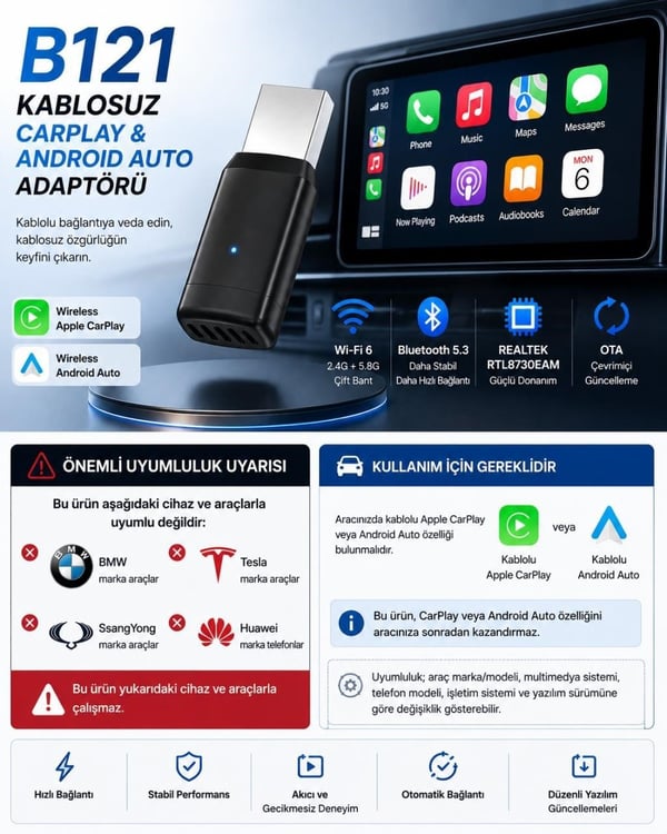 Need B121 2'si 1 Arada Kablosuz CarPlay & Android Auto Dönüştürücü Adaptör | Wi-Fi 6, Bluetooth 5.3
