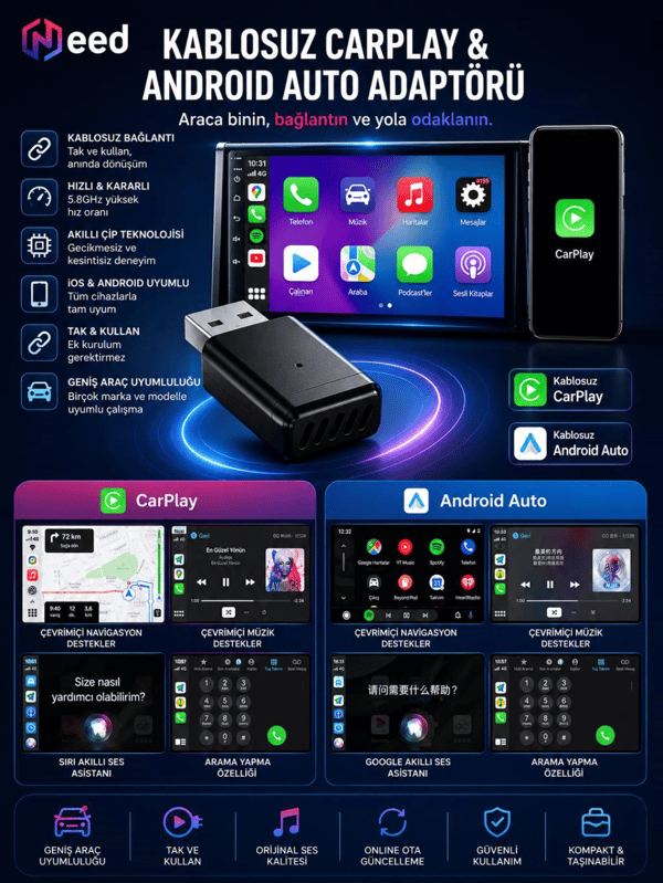 Need B121 2'si 1 Arada Kablosuz CarPlay & Android Auto Dönüştürücü Adaptör | Wi-Fi 6, Bluetooth 5.3