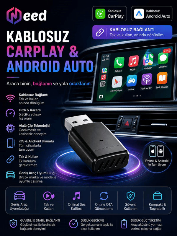 Need B121 2'si 1 Arada Kablosuz CarPlay & Android Auto Dönüştürücü Adaptör | Wi-Fi 6, Bluetooth 5.3