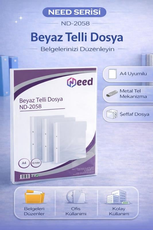 NEED Beyaz Telli Dosya A4 – ND-2058, Metal Tel Mekanizmalı Dosya