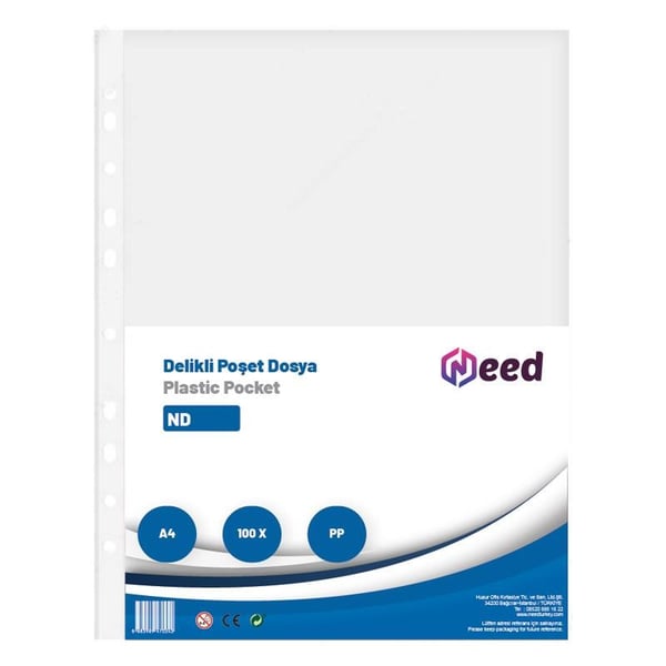 NEED Delikli Poşet Dosya A4 – ND-1004, 100’lü Paket, PP Şeffaf Dosya