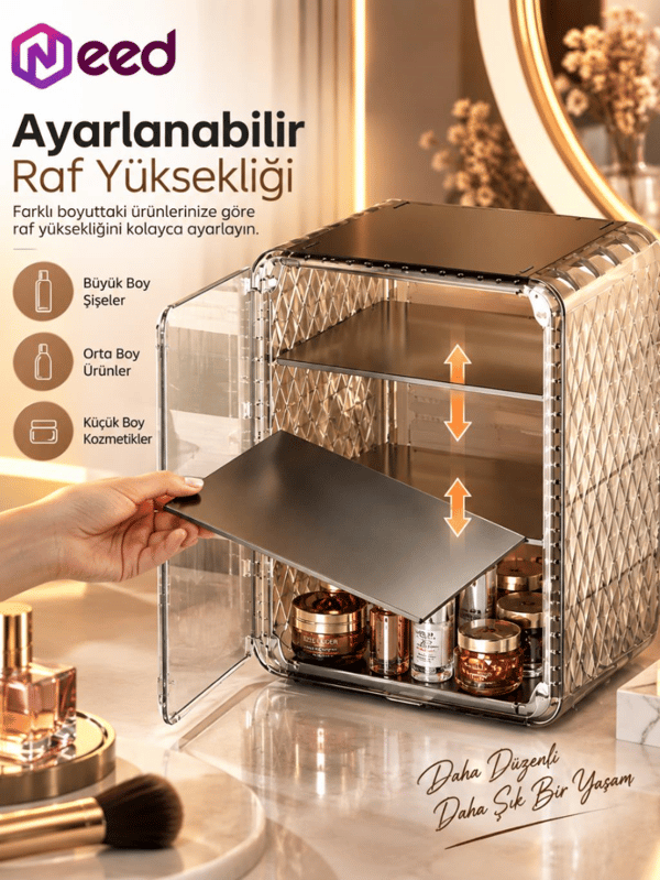 Need Dolap Tasarımlı Şeffaf Kapaklı Makyaj Organizeri – Gold Transparan - ND-8095-TPB