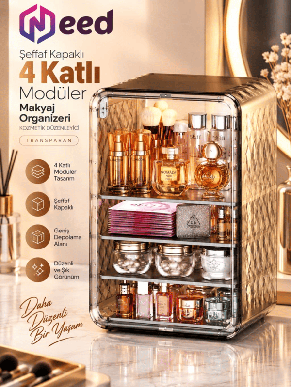 Need Dolap Tasarımlı Şeffaf Kapaklı Makyaj Organizeri – Gold Transparan - ND-8095-TPB