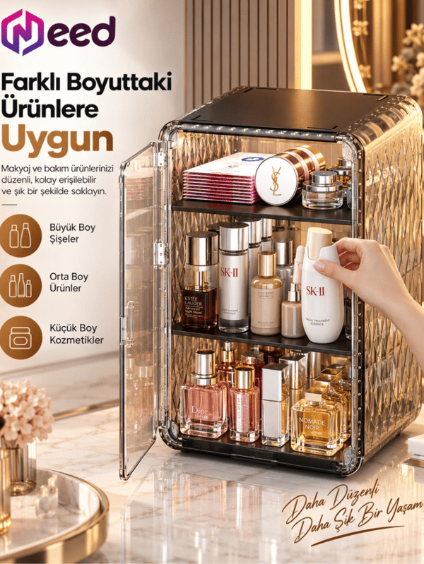 Need Dolap Tasarımlı Şeffaf Kapaklı Makyaj Organizeri – Gold Transparan - ND-8095-TPB