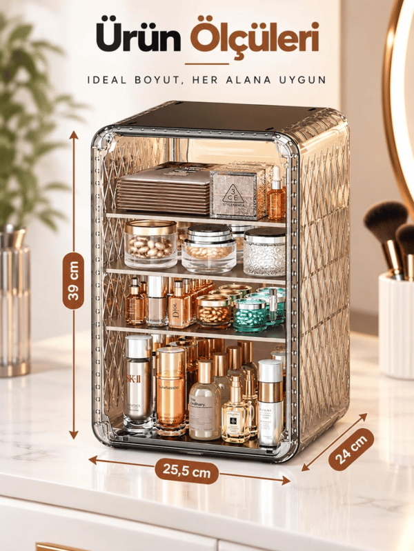 Need Dolap Tasarımlı Şeffaf Kapaklı Makyaj Organizeri – Gold Transparan - ND-8095-TPB