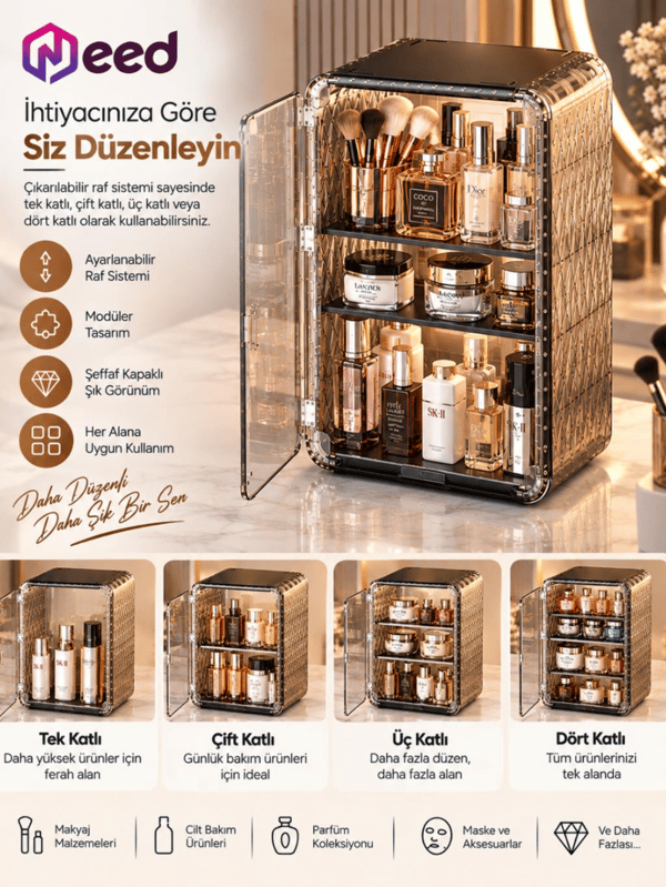 Need Dolap Tasarımlı Şeffaf Kapaklı Makyaj Organizeri – Gold Transparan - ND-8095-TPB