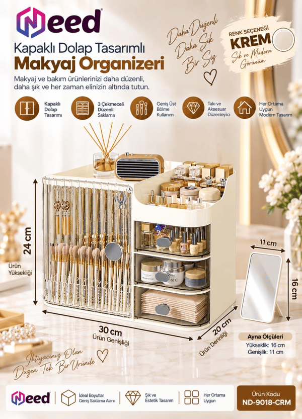 Need Kapaklı Dolap Tasarımlı 3 Çekmeceli Makyaj Organizeri ve Takı Düzenleyici – Krem ND-9018-CRM