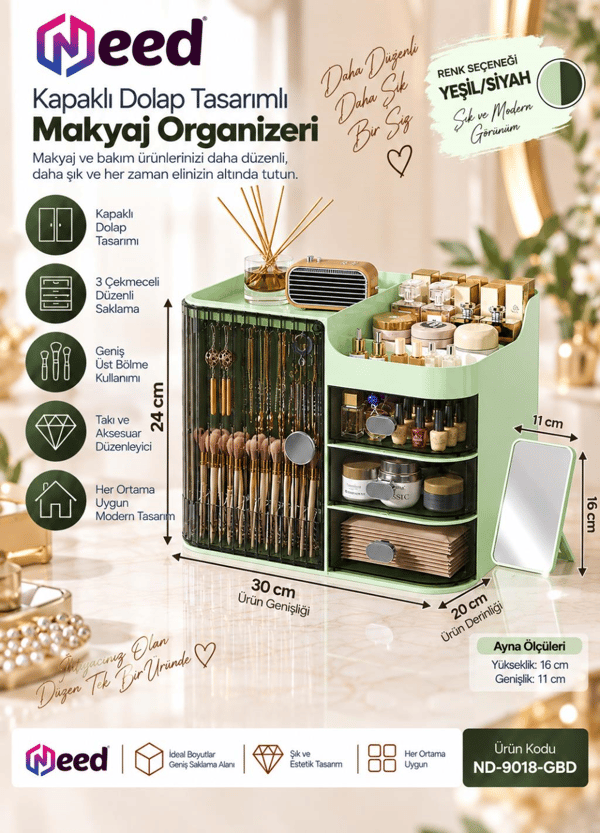 Need Kapaklı Dolap Tasarımlı 3 Çekmeceli Makyaj Organizeri ve Takı Düzenleyici – Yeşil/Siyah ND-9018-GBD