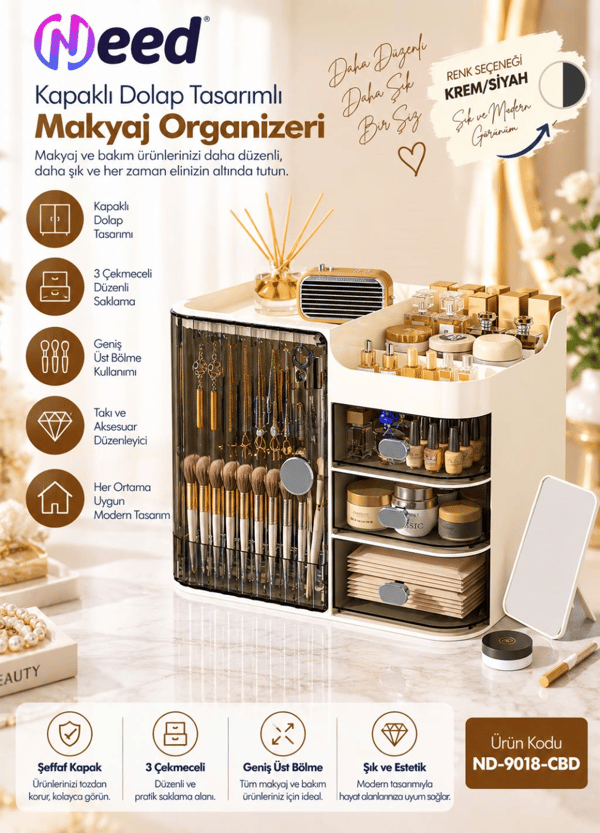 Need Kapaklı Dolap Tasarımlı 3 Çekmeceli Makyaj Organizeri ve Takı Düzenleyici – Krem/Siyah – ND-9018-CBD
