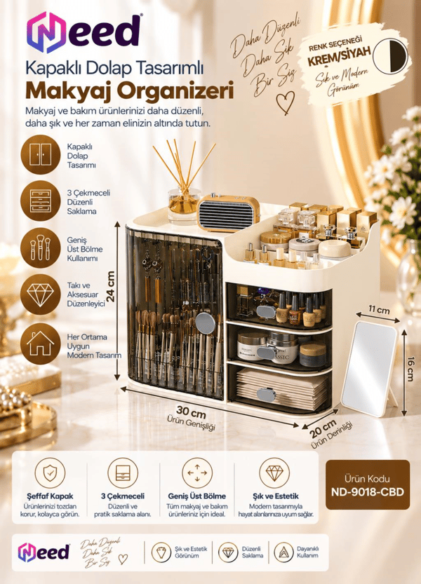 Need Kapaklı Dolap Tasarımlı 3 Çekmeceli Makyaj Organizeri ve Takı Düzenleyici – Krem/Siyah – ND-9018-CBD