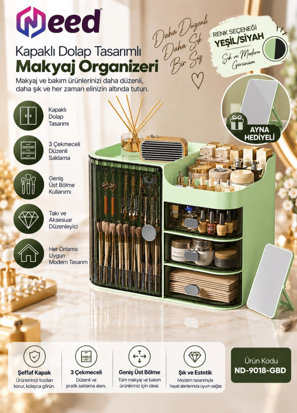 Need Kapaklı Dolap Tasarımlı 3 Çekmeceli Makyaj Organizeri ve Takı Düzenleyici – Yeşil/Siyah ND-9018-GBD
