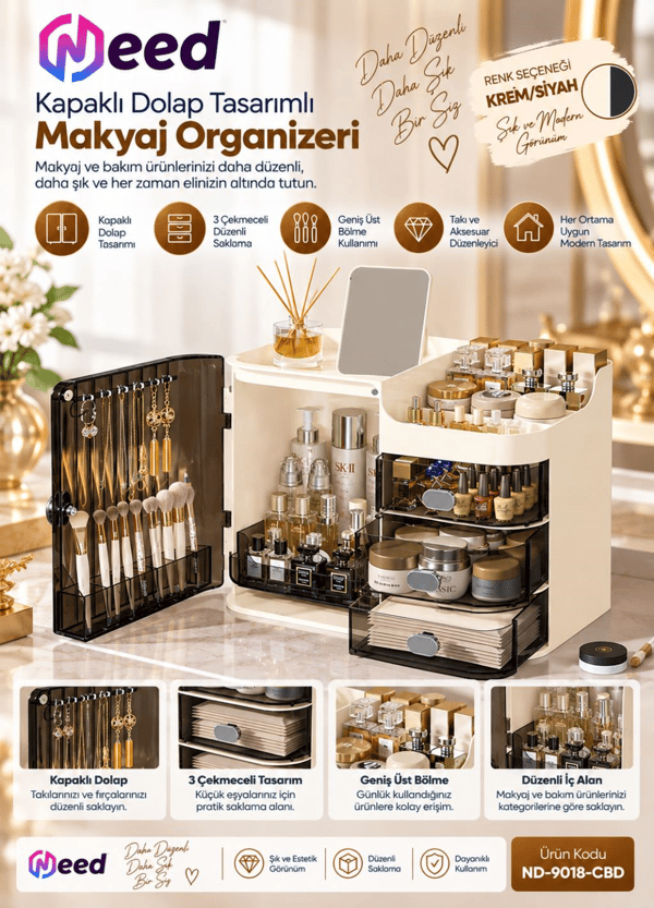 Need Kapaklı Dolap Tasarımlı 3 Çekmeceli Makyaj Organizeri ve Takı Düzenleyici – Krem/Siyah – ND-9018-CBD