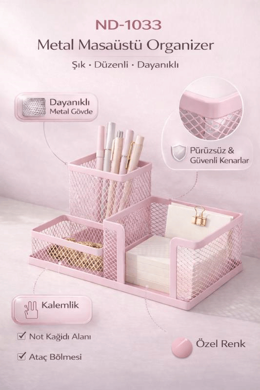 Need ND-1033 Metal Mesh Masaüstü Organizer – 3 Bölmeli, Çok Amaçlı Düzenleyici