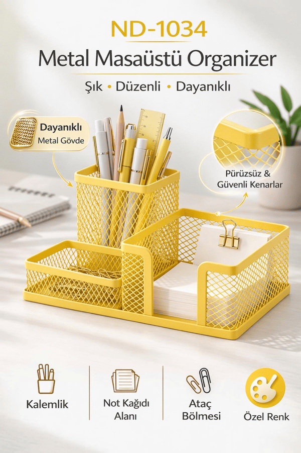 Need ND-1034 Metal Mesh Masaüstü Organizer – 3 Bölmeli, Çok Amaçlı Düzenleyici (Sarı)