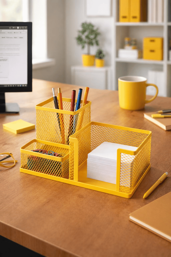 Need ND-1034 Metal Mesh Masaüstü Organizer – 3 Bölmeli, Çok Amaçlı Düzenleyici (Sarı)