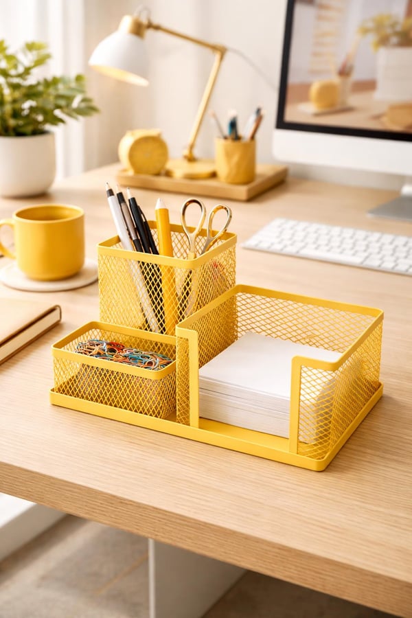 Need ND-1034 Metal Mesh Masaüstü Organizer – 3 Bölmeli, Çok Amaçlı Düzenleyici (Sarı)