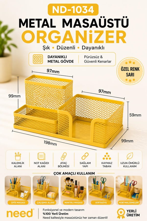 Need ND-1034 Metal Mesh Masaüstü Organizer – 3 Bölmeli, Çok Amaçlı Düzenleyici (Sarı)