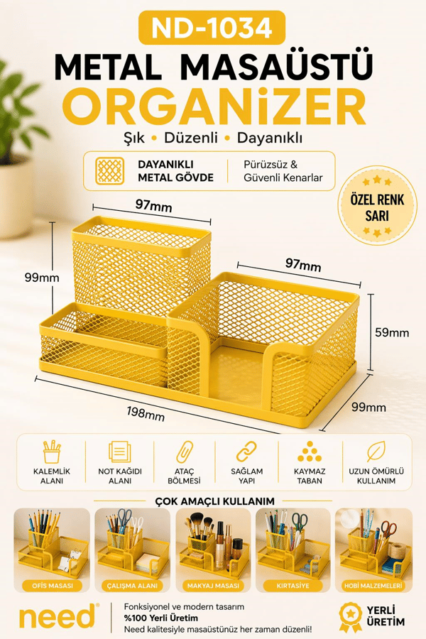 Need ND-1034 Metal Mesh Masaüstü Organizer – 3 Bölmeli, Çok Amaçlı Düzenleyici (Sarı)
