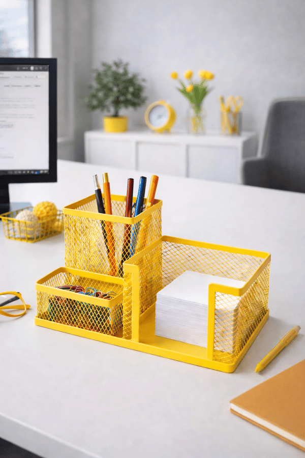 Need ND-1034 Metal Mesh Masaüstü Organizer – 3 Bölmeli, Çok Amaçlı Düzenleyici (Sarı)