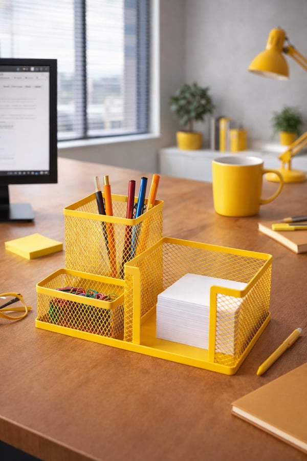 Need ND-1034 Metal Mesh Masaüstü Organizer – 3 Bölmeli, Çok Amaçlı Düzenleyici (Sarı)