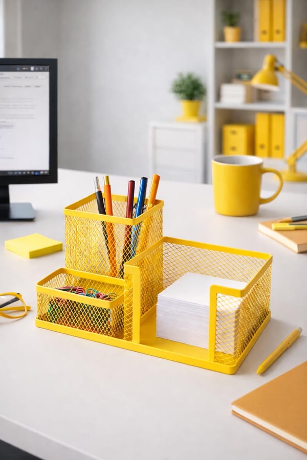Need ND-1034 Metal Mesh Masaüstü Organizer – 3 Bölmeli, Çok Amaçlı Düzenleyici (Sarı)
