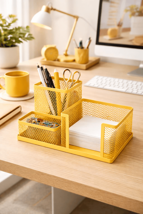 Need ND-1034 Metal Mesh Masaüstü Organizer – 3 Bölmeli, Çok Amaçlı Düzenleyici (Sarı)