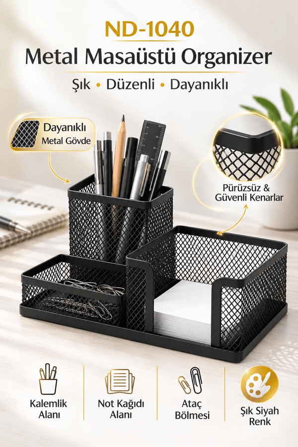Need ND-1040 Metal Mesh Masaüstü Organizer – 3 Bölmeli Çok Amaçlı Düzenleyici | Siyah