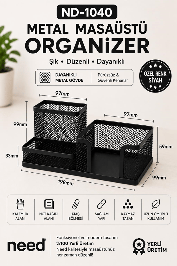Need ND-1040 Metal Mesh Masaüstü Organizer – 3 Bölmeli Çok Amaçlı Düzenleyici | Siyah