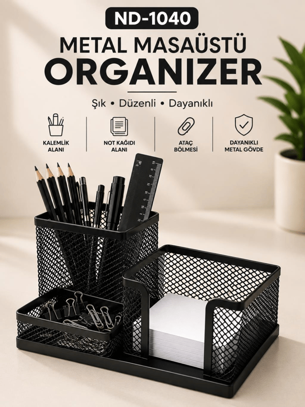 Need ND-1040 Metal Mesh Masaüstü Organizer – 3 Bölmeli Çok Amaçlı Düzenleyici | Siyah