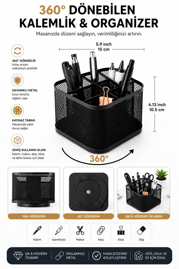 Need ND-1075 Premium 360° Dönebilen Metal Masaüstü Organizer Kalemlik