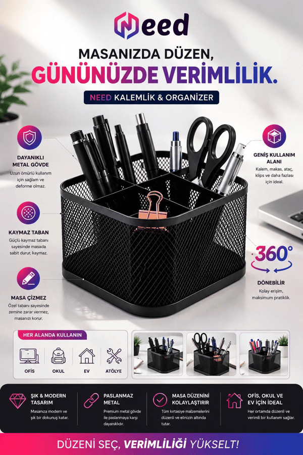 Need ND-1075 Premium 360° Dönebilen Metal Masaüstü Organizer Kalemlik