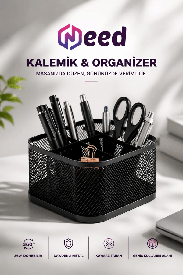 Need ND-1075 Premium 360° Dönebilen Metal Masaüstü Organizer Kalemlik