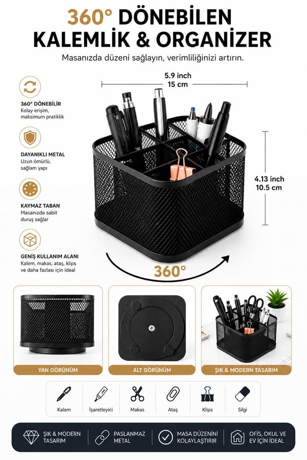 Need ND-1075 Premium 360° Dönebilen Metal Masaüstü Organizer Kalemlik