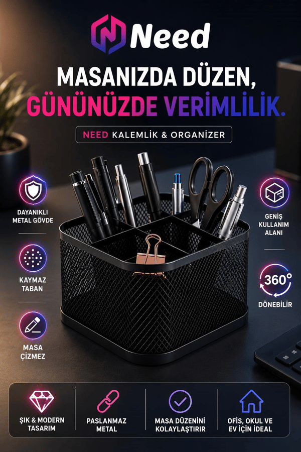 Need ND-1075 Premium 360° Dönebilen Metal Masaüstü Organizer Kalemlik