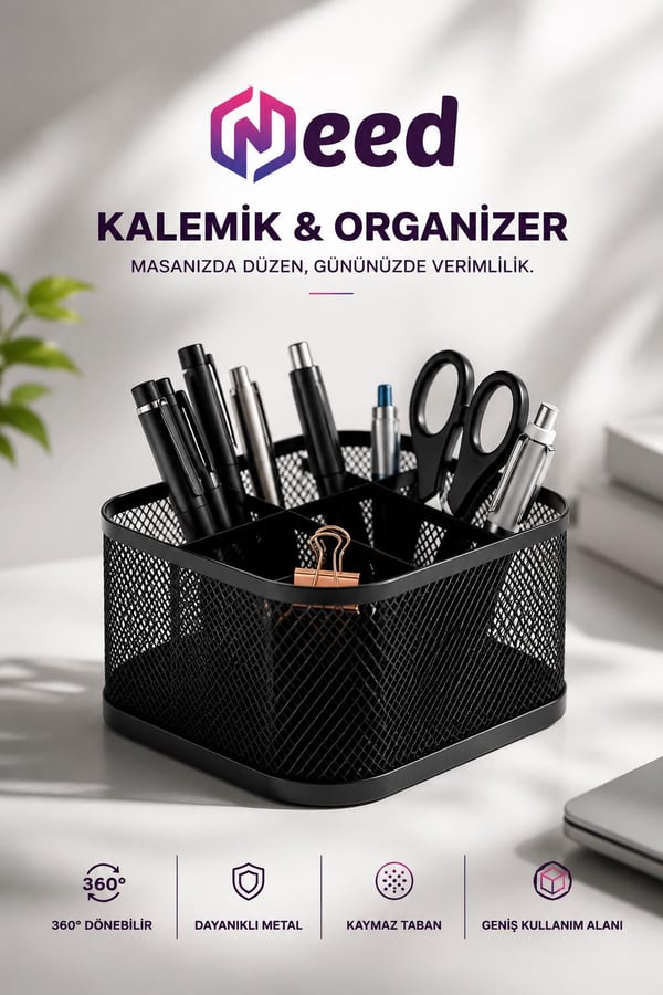 Need ND-1075 Premium 360° Dönebilen Metal Masaüstü Organizer Kalemlik