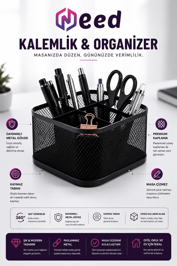 Need ND-1075 Premium 360° Dönebilen Metal Masaüstü Organizer Kalemlik