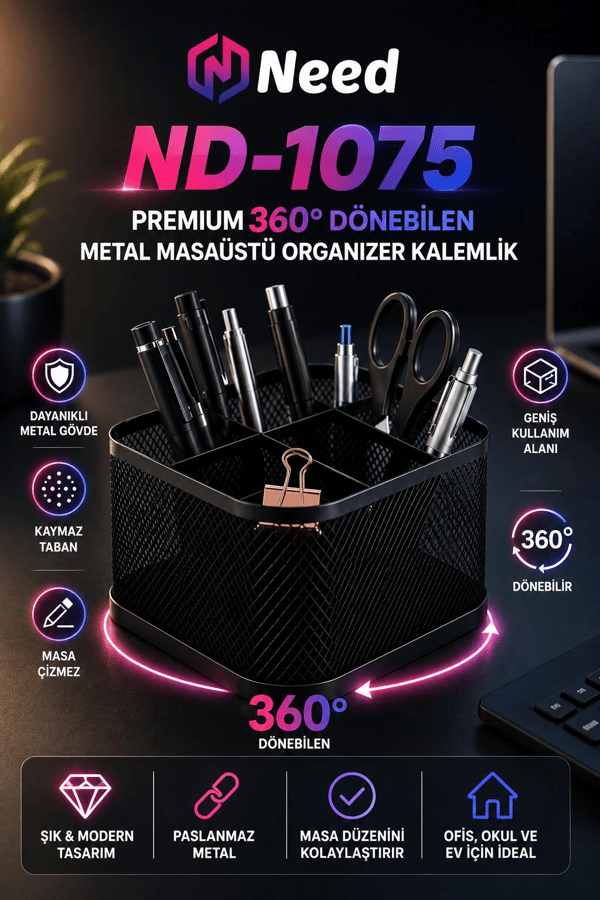 Need ND-1075 Premium 360° Dönebilen Metal Masaüstü Organizer Kalemlik