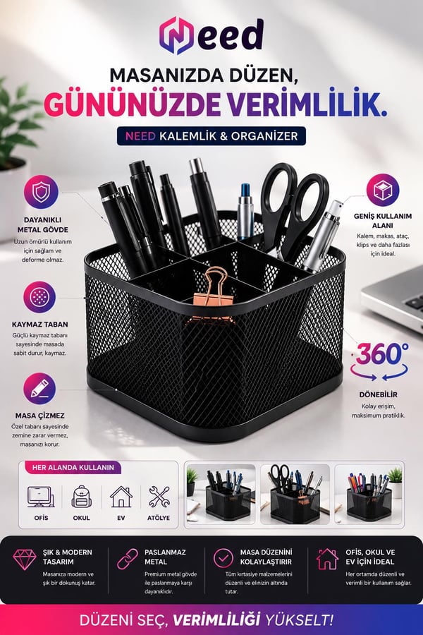 Need ND-1075 Premium 360° Dönebilen Metal Masaüstü Organizer Kalemlik