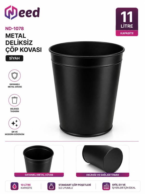 Need ND-1078 Metal Deliksiz Siyah Çöp Kovası 11 Litre
