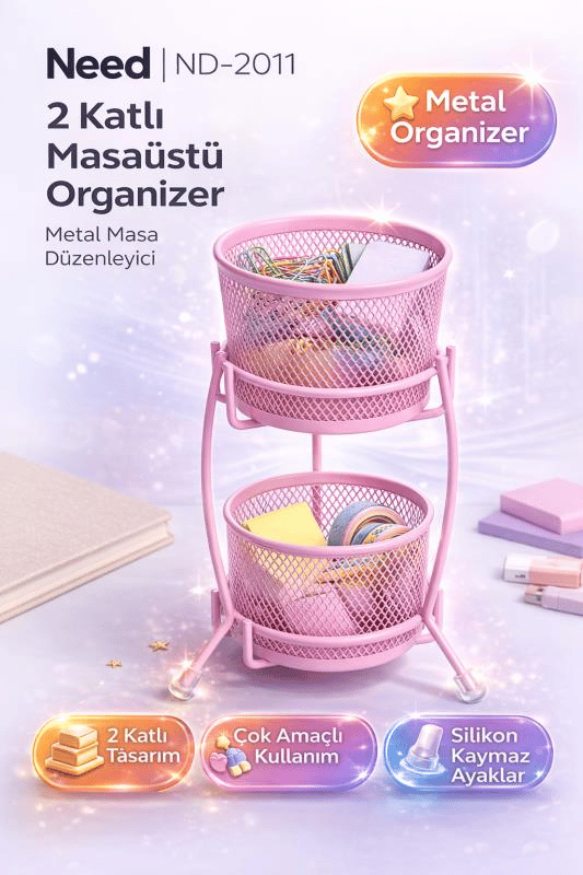 Need ND-2011 Çok Amaçlı İki Katlı Masaüstü Organizer – Metal Masa Düzenleyici