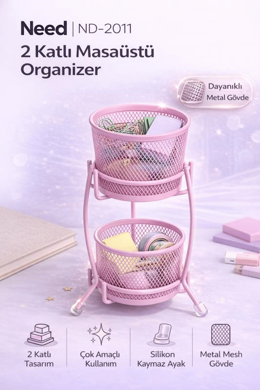 Need ND-2011 Çok Amaçlı İki Katlı Masaüstü Organizer – Metal Masa Düzenleyici
